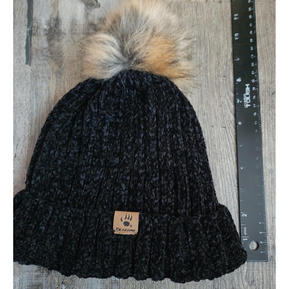 Bearpaw Beanie Women OSFM Black Chenille Faux Fur Pom Ribbed Knit Hat - Picture 3 of 5